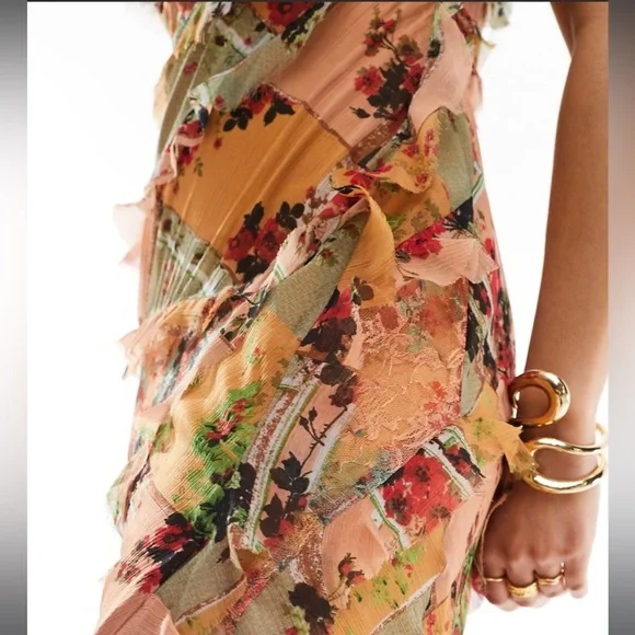 ASOS DESIGN cami bias maxi dress with ruffles patched lace in mixed floral print - Picture 3 of 6